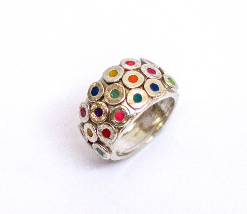 Colorful circles ring, Sterling silver ring with multi color circles, pink red green blue yellow turquoise orange and more, rainbow ring steampunk buy now online