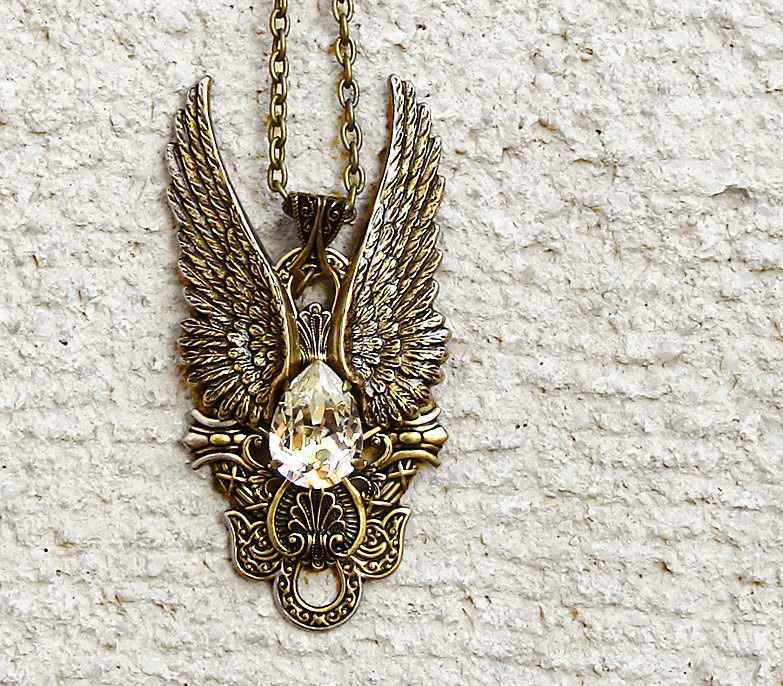 Brass Wings Pendant with Clear Swarovski Crystal Antique Brass Necklace Large Brass Pendant Gothic Steampunk Jewellery steampunk buy now online
