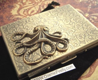 Corner Octopus Cigarette Case Oversized Business Card Holder Gothic Victorian Steampunk Vintage Inspired Antiqued Gold Brass Tone Metal steampunk buy now online