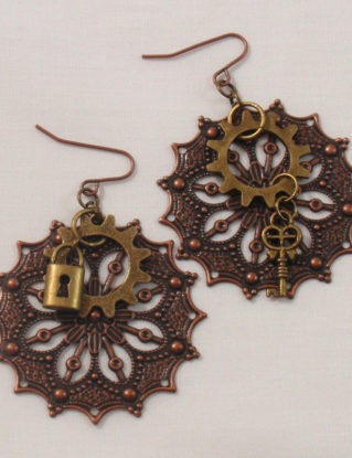 Victorian Romance Steampunk Earrings Ornate Pendant Gears Keys Locks by Annie O steampunk buy now online