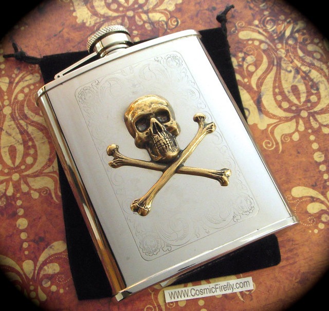 Skull Flask Antiqued Brass Skull & Crossbones Pirate Flask Gothic Victorian Steampunk Flask Vintage Inspired Holds 6 oz Hip Flask New steampunk buy now online