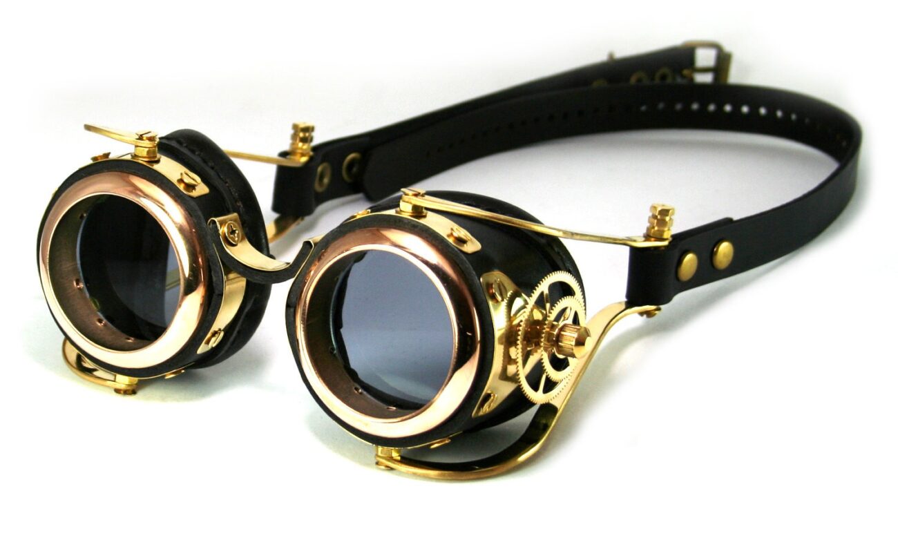STEAMPUNK GOGGLES black leather polished brass gears FLEX Solid Frames steampunk buy now online