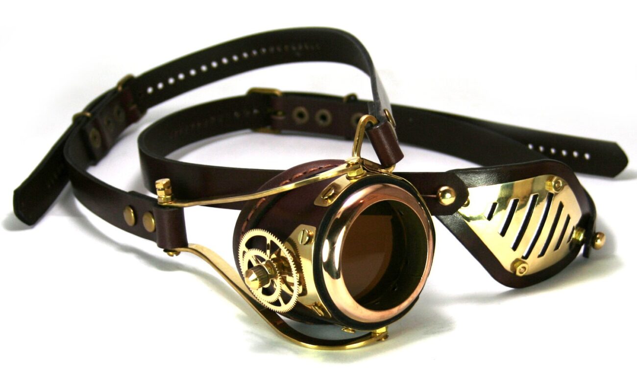 STEAMPUNK MONOGOGGLE and EYEPATCH brown leather polished brass gears Flex Solid Frame steampunk buy now online