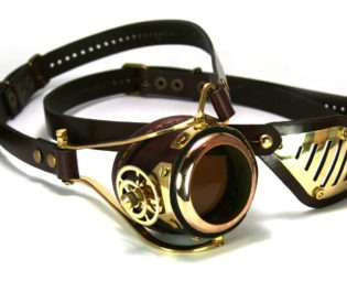 STEAMPUNK MONOGOGGLE and EYEPATCH brown leather polished brass gears Flex Solid Frame steampunk buy now online