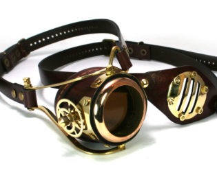 STEAMPUNK MONOGOGGLE and EYEPATCH brown leather polished brass gears Flex Solid Frame O steampunk buy now online