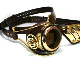 STEAMPUNK MONOGOGGLE and EYEPATCH brown leather polished brass gears Flex Solid Frame /// steampunk buy now online