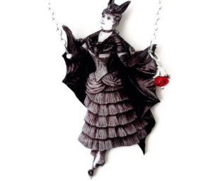 Victorian Vampire Bat Necklace Black White Statement Gothic Jewelry Whimsical Costume Halloween Customize Large Pendant Vintage Wearable Art steampunk buy now online