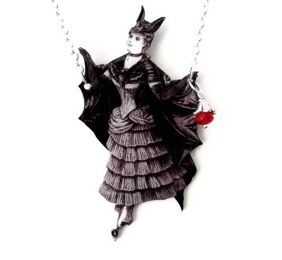 Victorian Vampire Bat Necklace Black White Statement Gothic Jewelry Whimsical Costume Halloween Customize Large Pendant Vintage Wearable Art steampunk buy now online