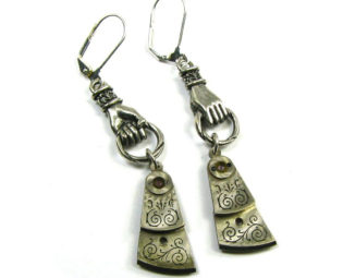 SALE Steampunk Earrings with Victorian Figa HANDS Holding Highly Detailed Pocket Watch Regulators in Silver by Nouveau Motley steampunk buy now online
