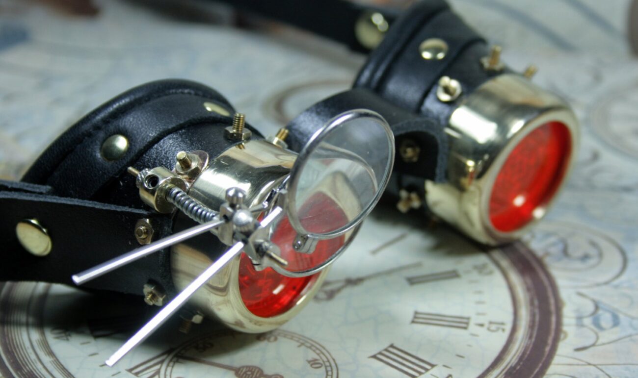 Steampunk, Goggles, black, leather, brass, red target etched eye pieces, two magnifying lenses, brass nuts steampunk buy now online