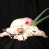Steampunk Pink Straw Hat with green parrot feathers, pearls, chain, lock and key. Perfect for Summer. steampunk buy now online