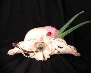 Steampunk Pink Straw Hat with green parrot feathers, pearls, chain, lock and key. Perfect for Summer. steampunk buy now online