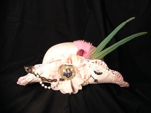 Steampunk Pink Straw Hat with green parrot feathers, pearls, chain, lock and key. Perfect for Summer. steampunk buy now online
