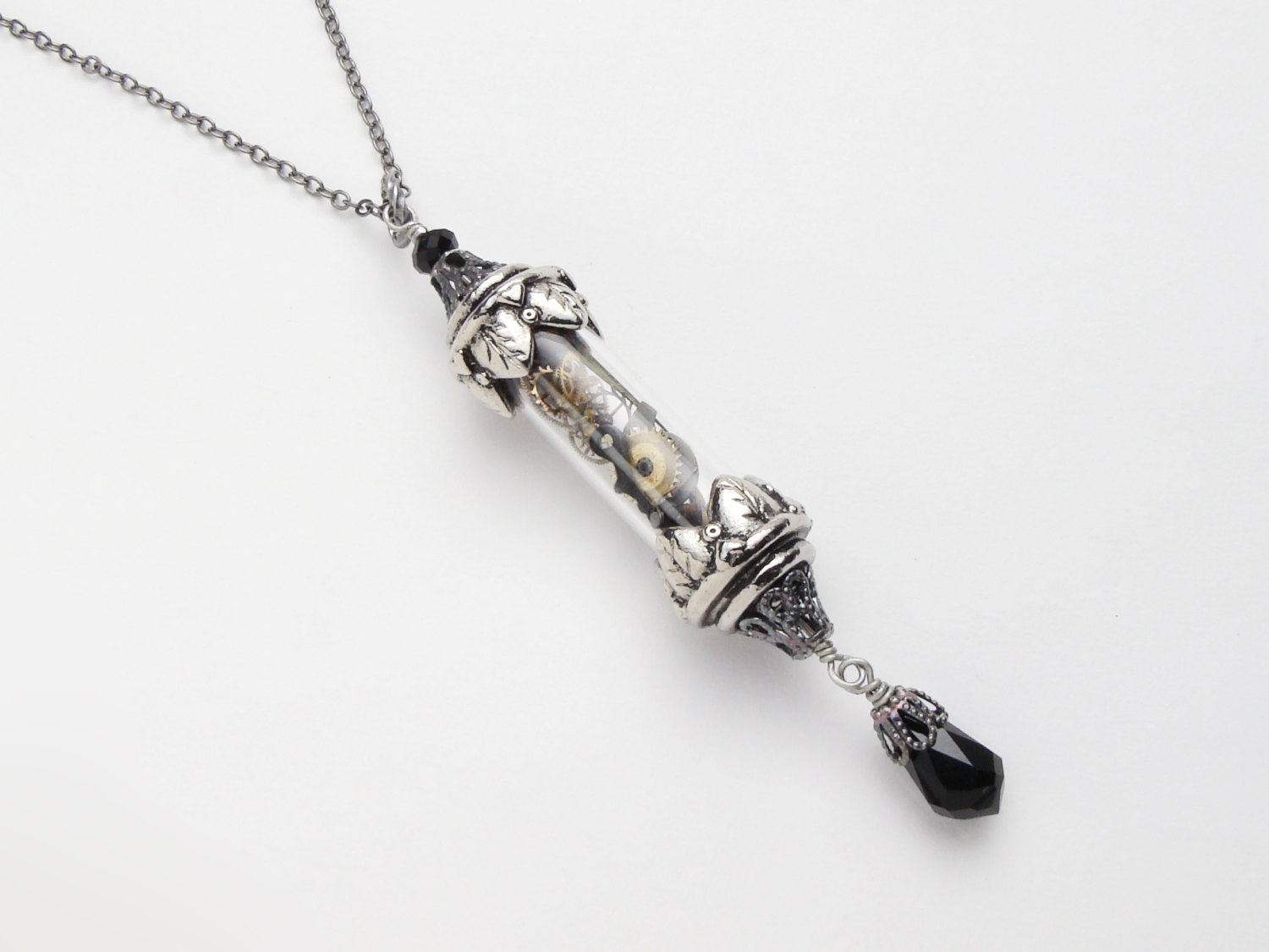 Steampunk Necklace Vintage watch parts gears time in a bottle glass vial pendant, black crystal statement necklace silver leaf jewelry R1027 steampunk buy now online
