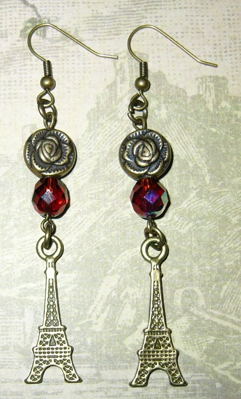 Steampunk Eiffel Tower and Bronze Tone Rose Earrings, Vintage Style, Handmade One of a Kind steampunk buy now online