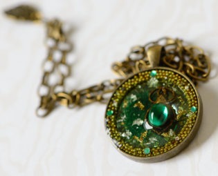 Green Subtle Steampunk Pendant Mixed media with Scarab and Gold leaf steampunk buy now online
