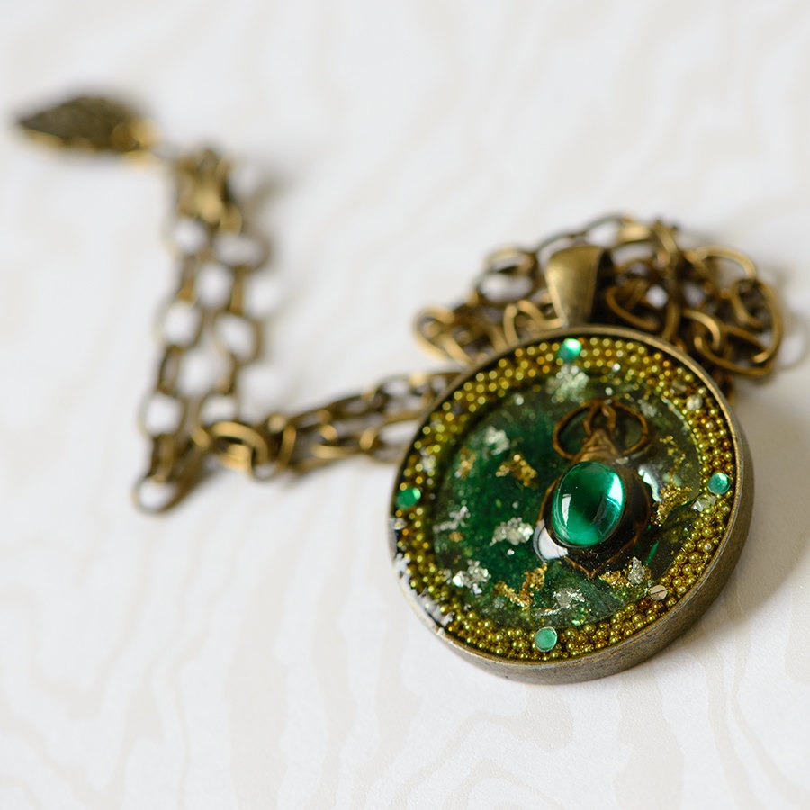 Green Subtle Steampunk Pendant Mixed media with Scarab and Gold leaf steampunk buy now online