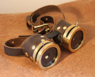 Steampunk goggles Brown leather brass rims and IRIS APERTURES on both sides steampunk buy now online