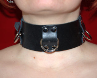 Handmade black leather collar, about 2" (about 50 mm) wide, with three halfrings steampunk buy now online