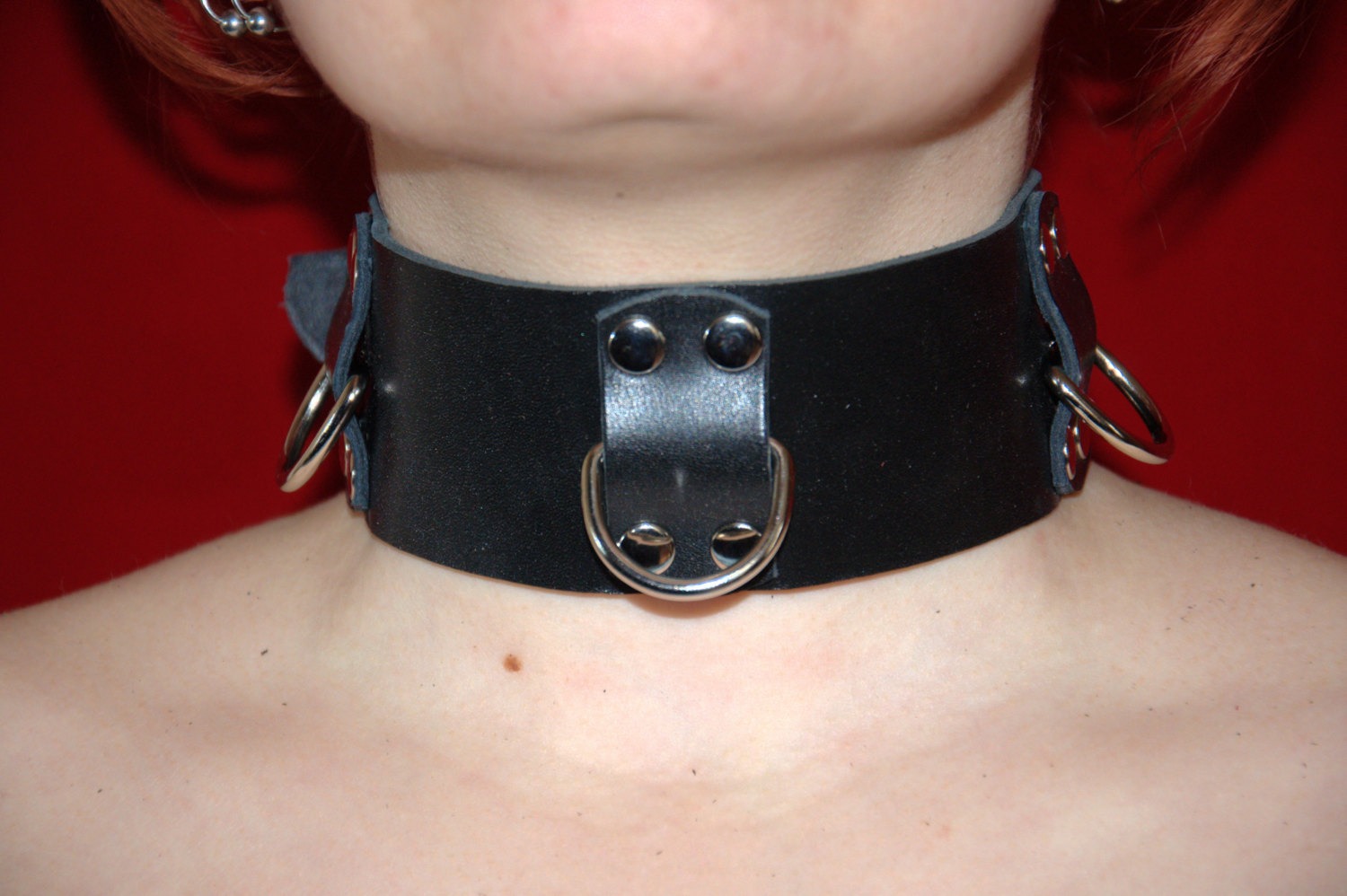 Handmade black leather collar, about 2" (about 50 mm) wide, with three halfrings steampunk buy now online