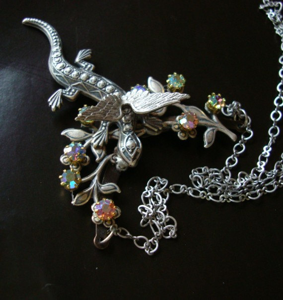 STEAMPUNK WINGED DRAGON, Rhinestone Aurora Borealis Settings, Quality Sterling Silver Plate Necklace steampunk buy now online