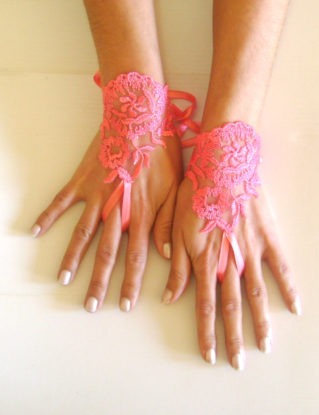 Watermelon pinkish orange fingerless lace gloves free ship steampunk buy now online