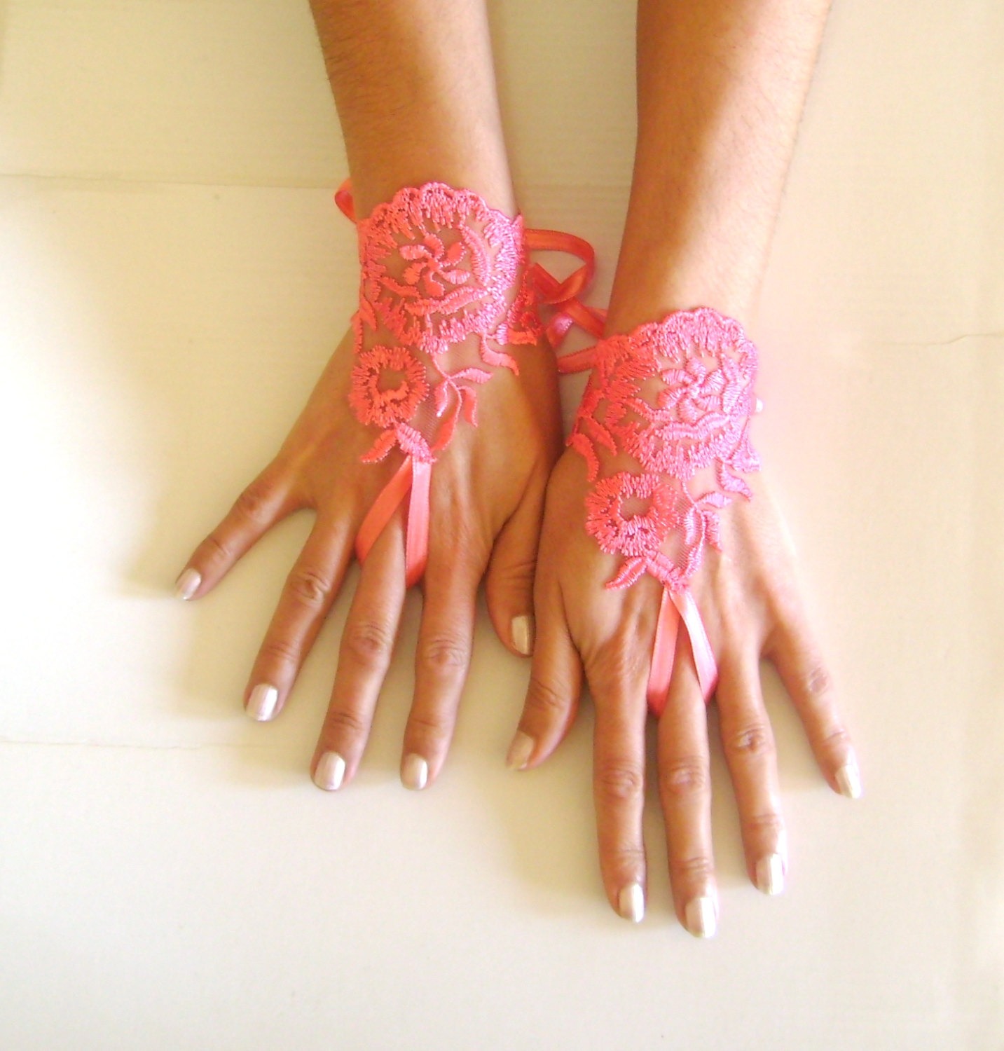 Watermelon pinkish orange fingerless lace gloves free ship steampunk buy now online