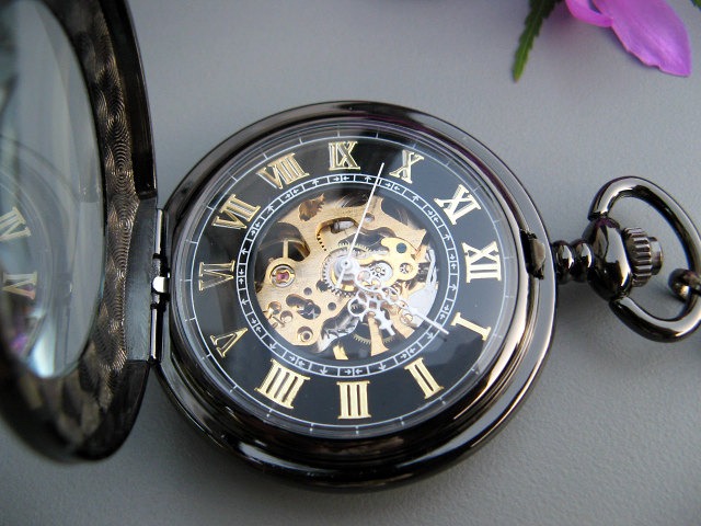 Premium Victorian Black & Gold Mechanical Pocket Watch with Watch Chain - Men - Groomsmen - Steampunk - Watch - Item MPW295 steampunk buy now online