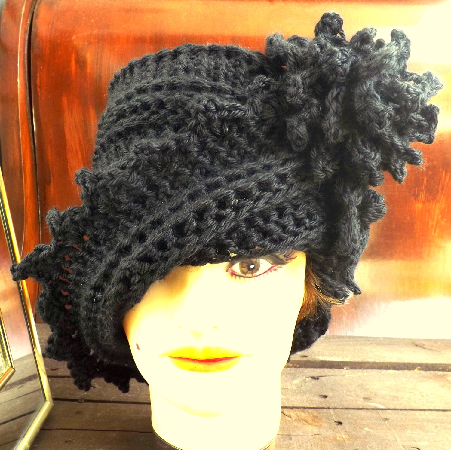 Hand Crochet Hat Womens Hat, Crochet Flower Hat, Crochet Hat with Flower, LAUREN Crochet Cloche Hat with Flower Black Hat steampunk buy now online