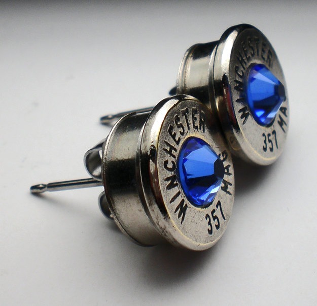 357 Magnum Winchester Nickel Bullet Head Stud Earrings Your Choice of Birthstone Swarovski Crystal steampunk buy now online