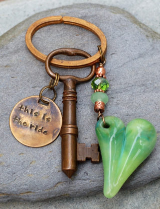 Skeleton Key Keychain, Glass Heart, Boro Borosilicate Lampwork, Beaded, Steampunk, Green - This is the Ride steampunk buy now online