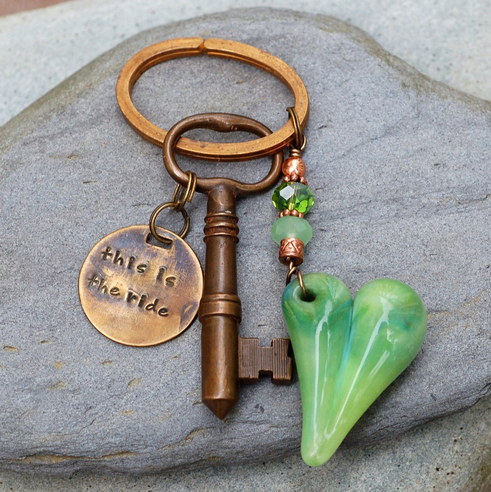 Skeleton Key Keychain, Glass Heart, Boro Borosilicate Lampwork, Beaded, Steampunk, Green - This is the Ride steampunk buy now online