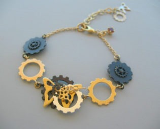 Gold And Black Bracelet, Arm Party Bracelet, Steampunk Bracelet, Mixed Metal Bracelet With Butterfly And Garnet steampunk buy now online