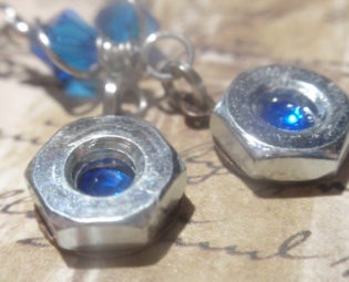 Hex Nut Earrings with Sapphire Blue Crystal genuine hardware Steel nuts on surgical steel ear wire Large 10 steampunk buy now online