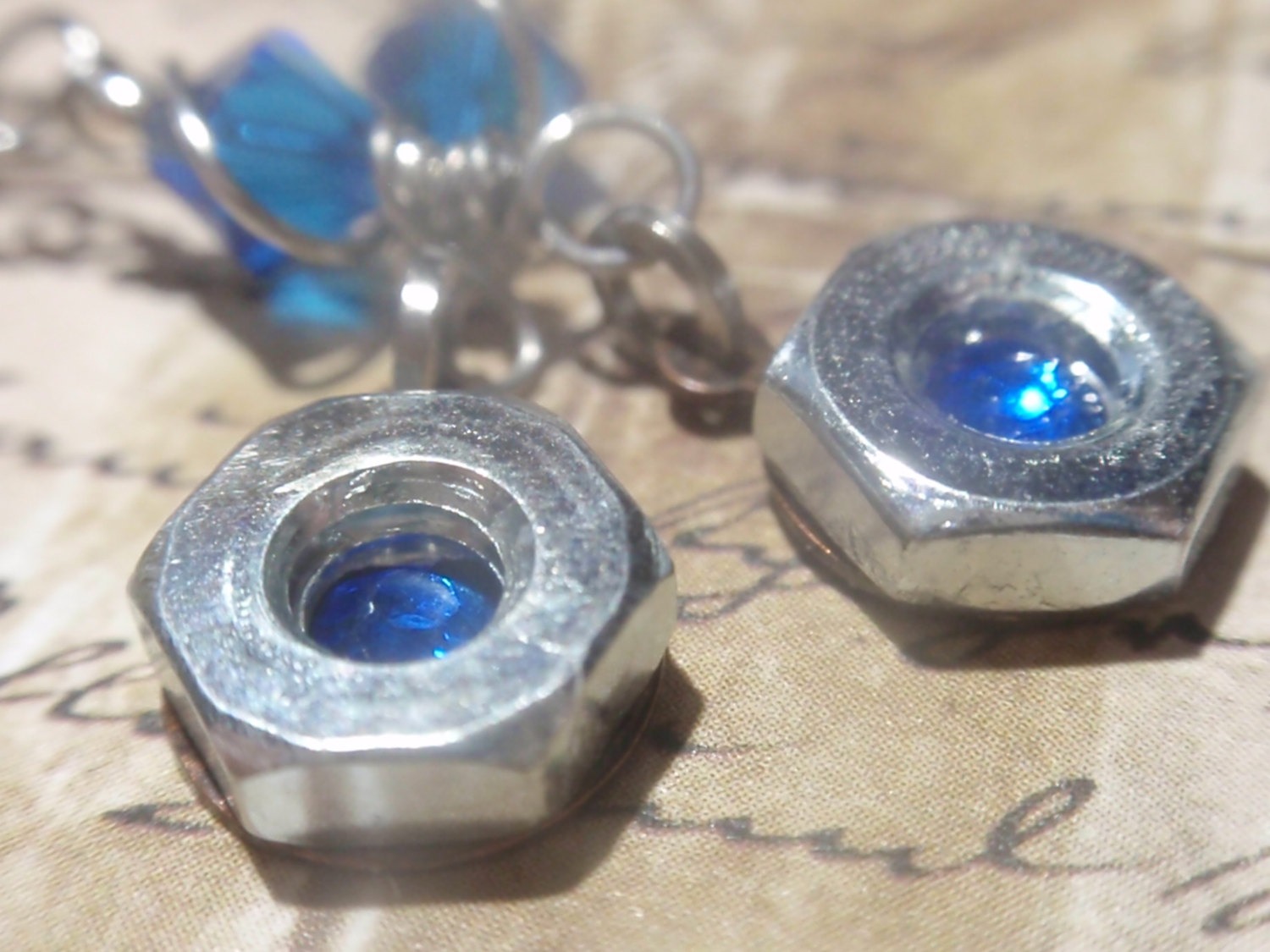 Hex Nut Earrings with Sapphire Blue Crystal genuine hardware Steel nuts on surgical steel ear wire Large 10 steampunk buy now online