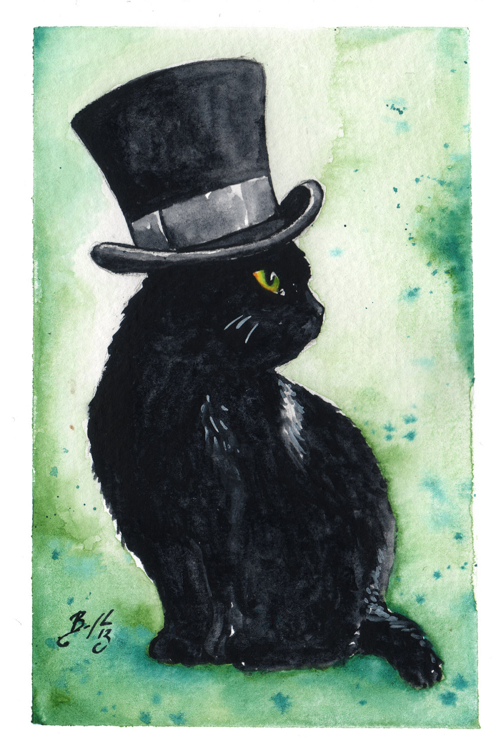 A Very Fine Hat: Fine Art Giclee Watercolour Black Cat Print steampunk buy now online