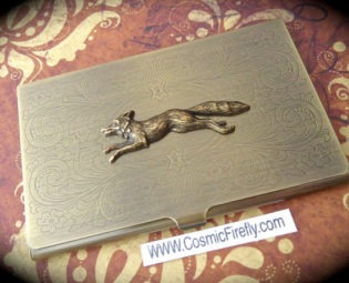 Brass Fox Business Card Case Gothic Victorian Vintage Inspired Steampunk Card Case The Fox Say Slim Fancy Card Case Running Fox steampunk buy now online