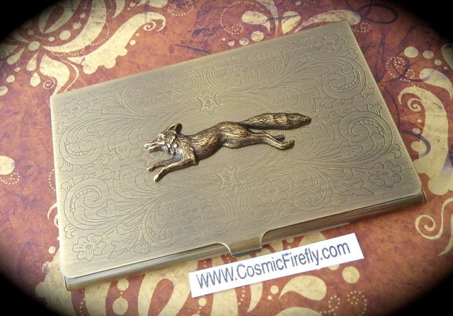 Brass Fox Business Card Case Gothic Victorian Vintage Inspired Steampunk Card Case The Fox Say Slim Fancy Card Case Running Fox steampunk buy now online