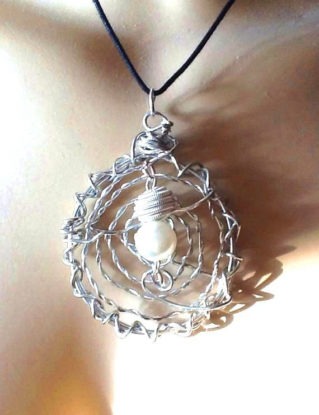 Unique silver plated wire wrapped pearl pendant, swirly, spiral style FREE SHIPPING! steampunk buy now online