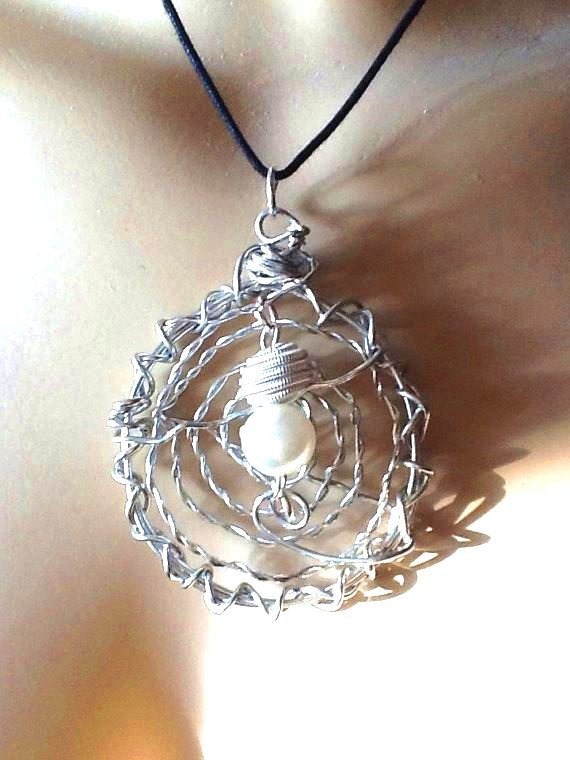 Unique silver plated wire wrapped pearl pendant, swirly, spiral style FREE SHIPPING! steampunk buy now online