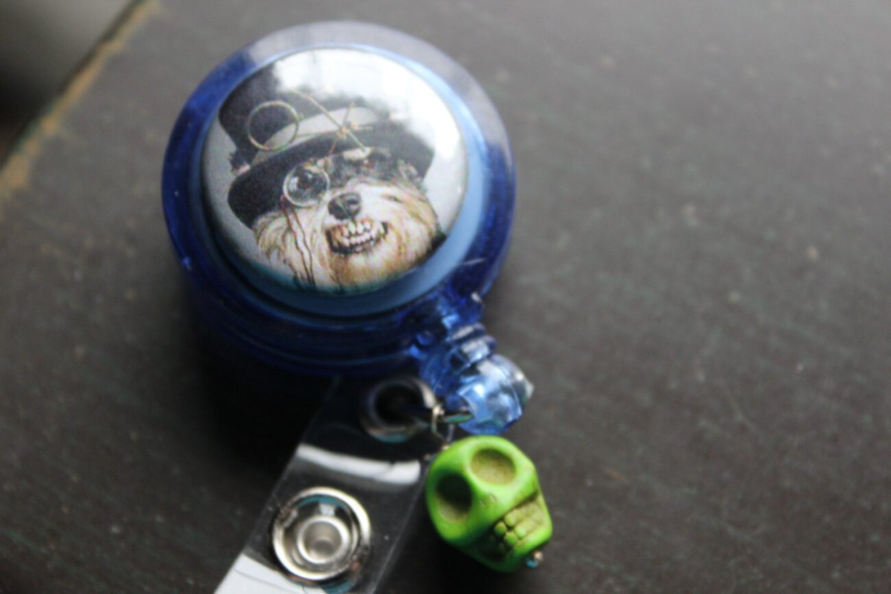 Stocking Stuffer Steampunk Dog and Sugar Skull Badge Holder Retractable Badge Holder steampunk buy now online