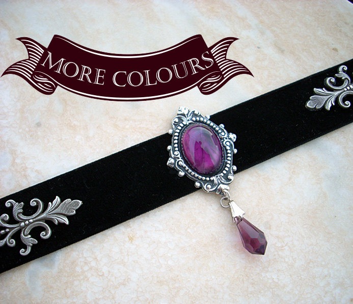 Purple Gothic Choker Black Velvet Ribbon Glass and Crystal Victorian Gothic Jewelry steampunk buy now online