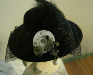 Mini Steampunk Black Bowler Hat with watch face, gears, fluer de lis steampunk buy now online