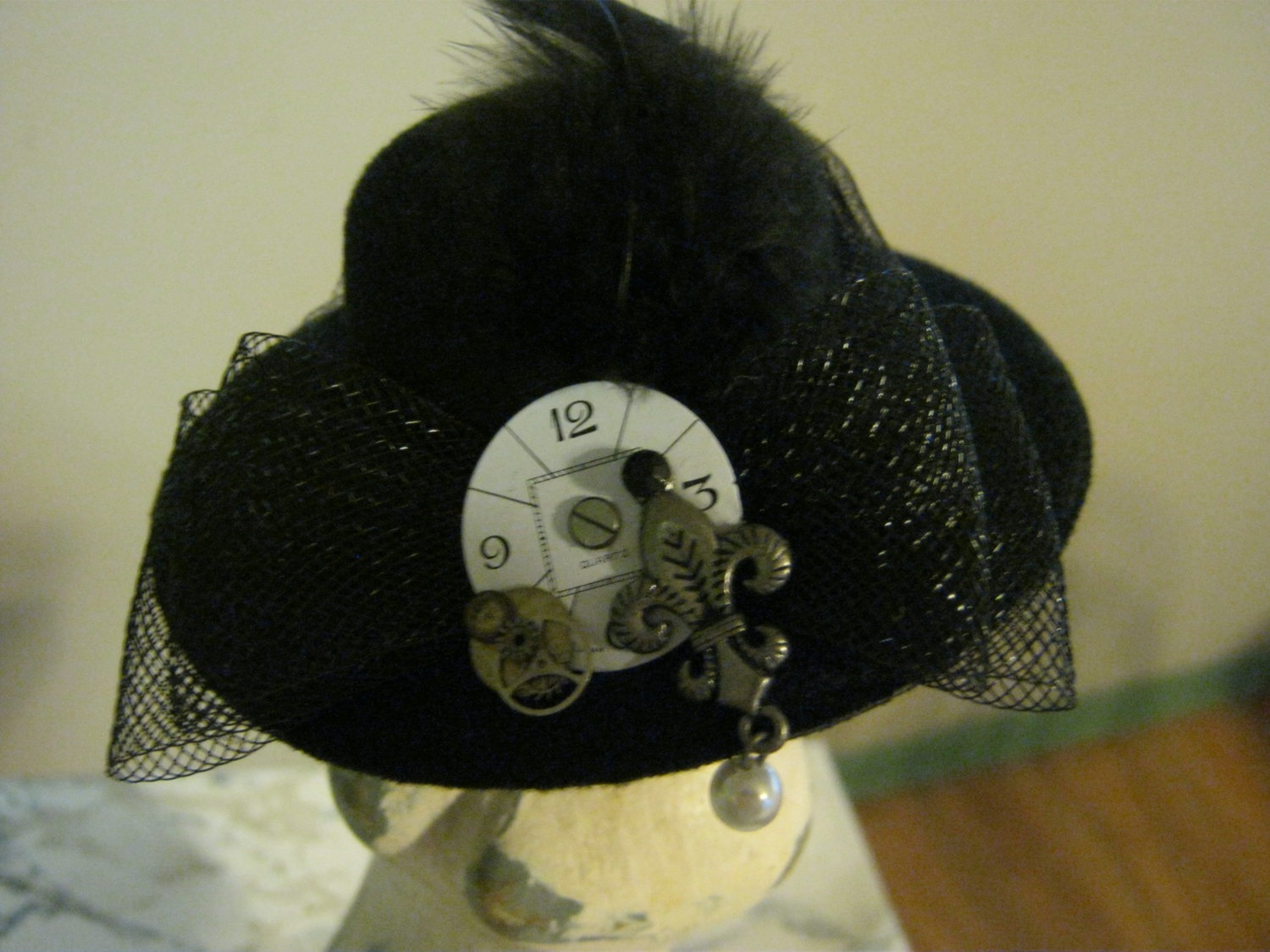 Mini Steampunk Black Bowler Hat with watch face, gears, fluer de lis steampunk buy now online