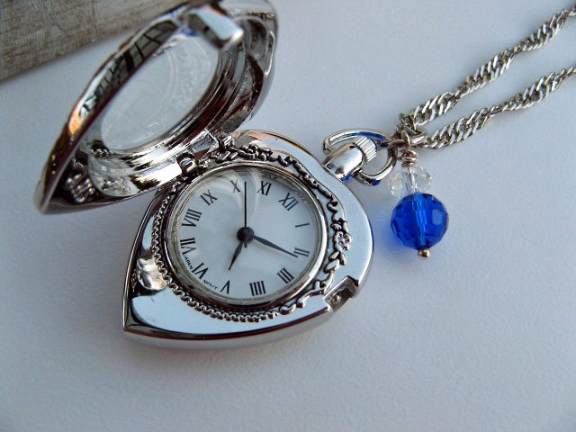 Sale - Victorian Heart Pocket Watch Necklace - Locket Pendant - Keepsake Jewelry - Glass View Window - Swarovski Crystal Charm steampunk buy now online