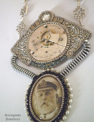 Titanic - Steampunk necklace with silver watch movement and pyrite stone, bead embroidered steampunk buy now online