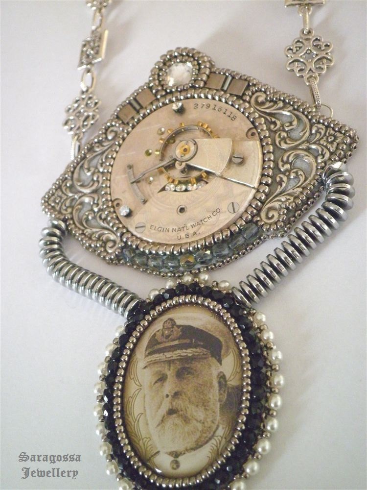 Titanic - Steampunk necklace with silver watch movement and pyrite stone, bead embroidered steampunk buy now online