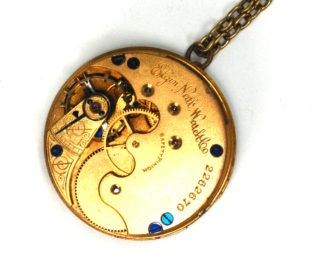 An Elegant Steampunk Pocket Watch Necklace Engraved Antique Elgin Movement Sapphire Blue Screws Gold Brass steampunk buy now online
