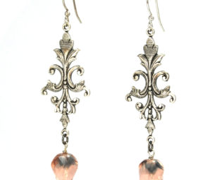SALE Delicate Victorian Rococo Style Earrings Silver Filigree with Laurel Leaves Pink Faceted Czech Glass Beads by Nouveau Motley steampunk buy now online