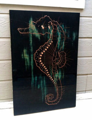 Seahorse Art Industrial Mixed Media in Copper and Blue Green Turquoise - Seahorse. steampunk buy now online